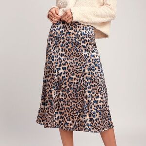 Lulus Tan And Navy Blue Leopard Print Satin Midi Skirt - Size S